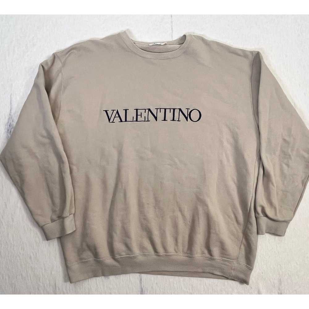 Valentino Sweatshirt Mens XL Beige Logo Crewneck Made in Italy Cotton Vintage